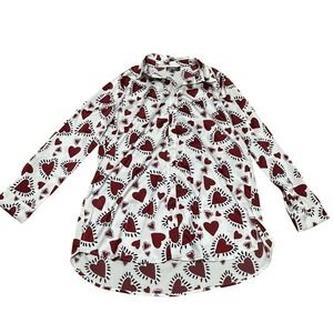 LULUMARI Women's Lg White Red‎ Heart Print Button Up Long Sleeve Shirt Tunic Top
